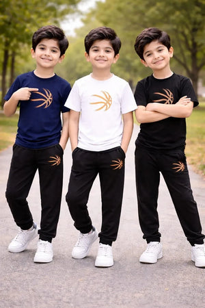 Kids Printed Tracksuit Set Black Cotton for Boys