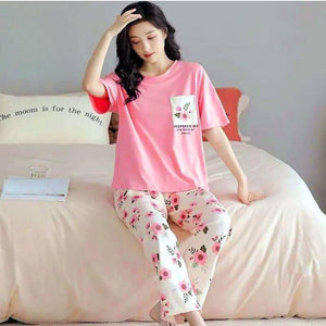 Pink Printed Cotton Jersey Night Suit 2-Piece Medium to XL
