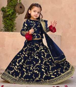 Raw Silk Embroidered Girl Outfit Navy Blue Golden 3-Piece Set