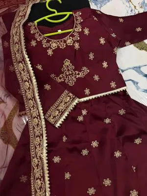 Maroon Shamoz Silk 3-Piece Eid Set for Girls 5-12 Years