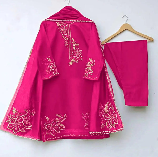 Pink Organza 3-Piece Wedding Suit with Embroidery