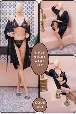 3 Pcs Silk Nightwear Set Maroon V-Neck