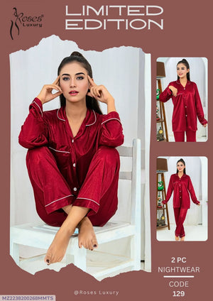 Women Silk Night Suit Maroon 2 Pcs V-Neck