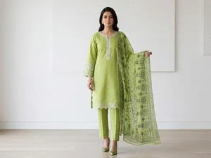 Green Embroidered Lawn Suit with Chiffon Dupatta