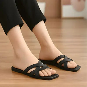 Mustard Leather Cross Strap Sandals for Women