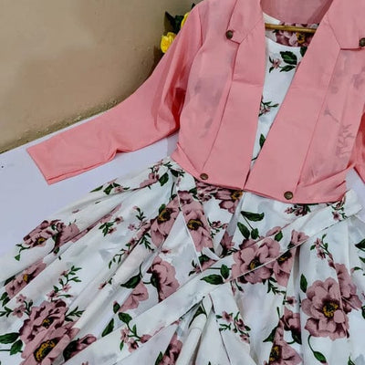 2 pcs Stylish Floral Print Maxi Dress with Pink Jacket - Women's Western Wear - Floral Maxi
