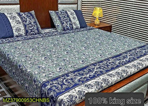 Cotton Printed King Size Bedsheet Set Blue Floral