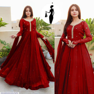 Maroon Chiffon Maxi Suit with Pearl Embroidery for Eid