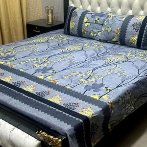 Crystal Cotton Double Bedsheet Set Grey Yellow Floral Border