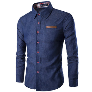 Men Denim Long Sleeve Shirt Light Blue Office Wear