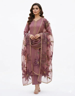 Premium Handmade Organza 3 Piece Suit with Heavy Beads & Stone Work