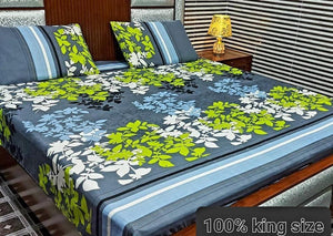 Premium Cotton Printed Double Bedsheet Set Blue Green Floral