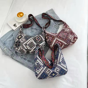 Bohemian Woven Shoulder Bag with Geometric Strap