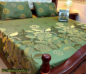 Cotton Floral Bedsheet Set Green Gold Double Bed