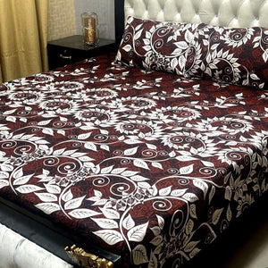 Crystal Cotton Double Bed Sheet Set Burgundy Floral Pattern